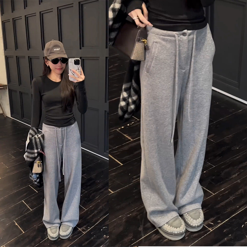 秋冬新款亲肤加绒加厚糯米裤百搭休闲直筒阔腿卫裤