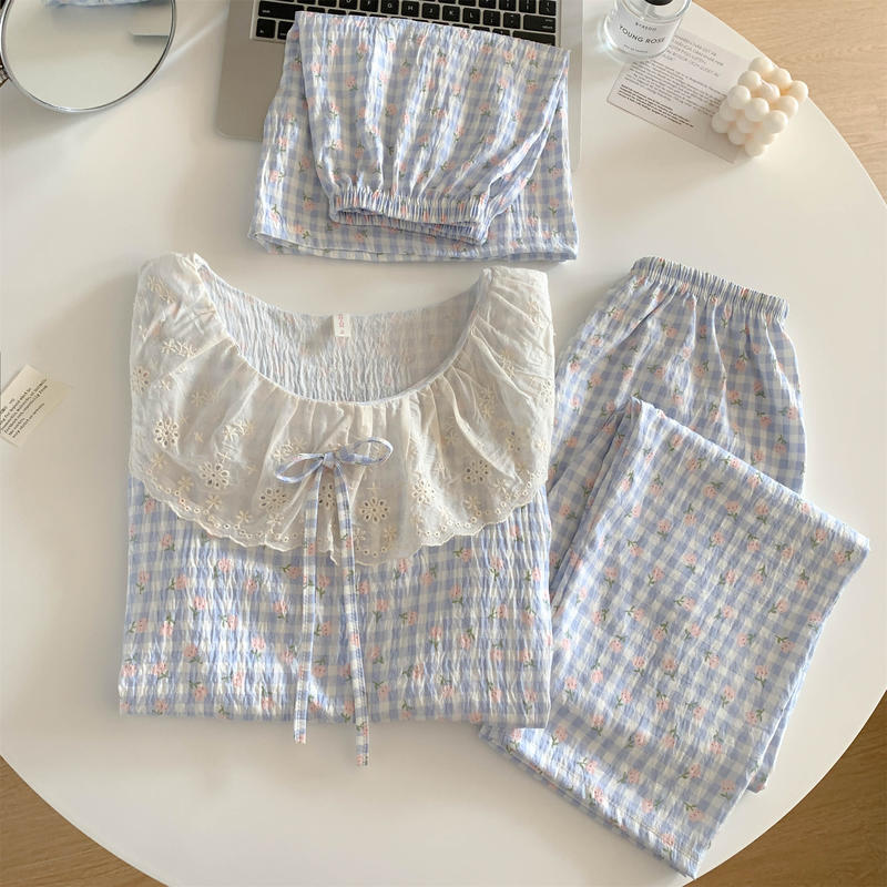 长裤短袖家居服套装格子睡衣春夏夏季娃娃领韩版少女儿童春秋长袖