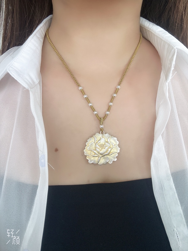 吊坠足银 足银999时尚大气描金工艺国风民族风牡丹花吊坠项链