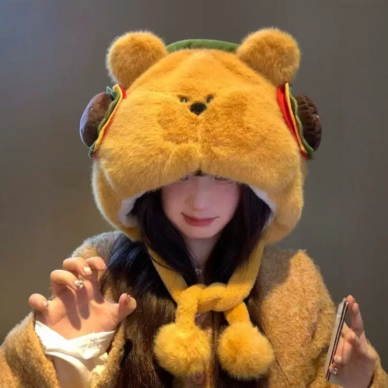 可爱汉堡毛绒帽子女秋冬加绒保暖显脸小护耳雷锋帽