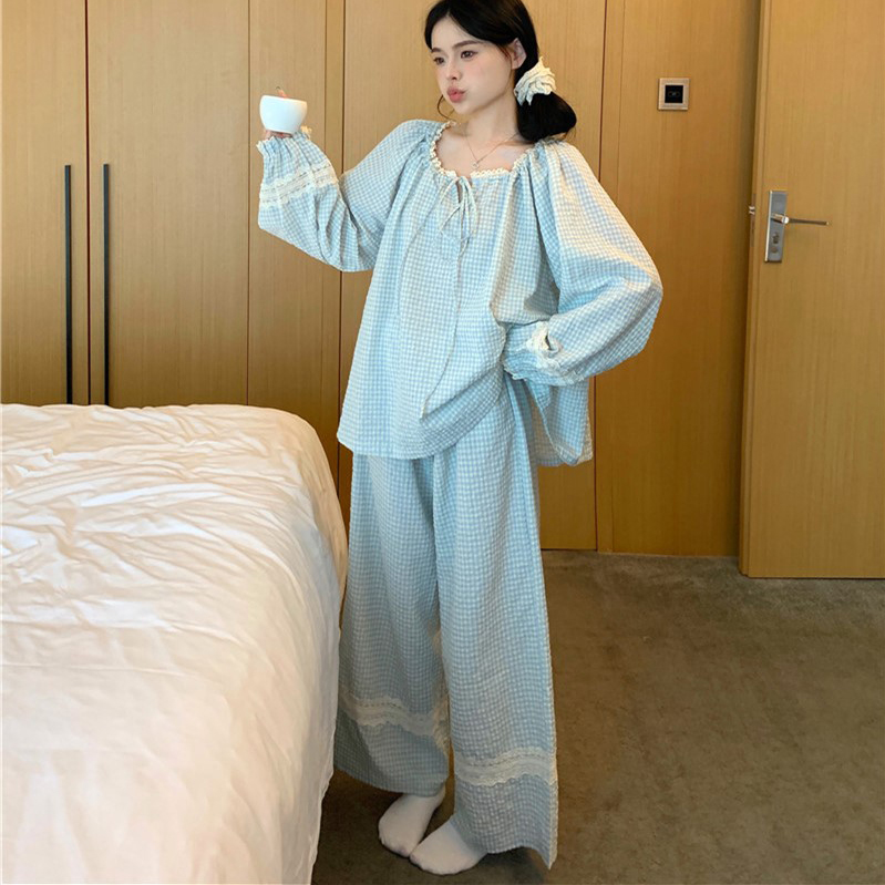 甜美蕾丝格纹宽松棉麻长袖睡衣女春秋款套装2025年新款外穿家居服