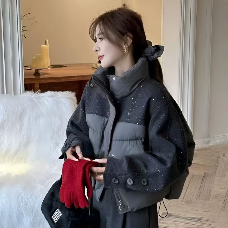 设计感韩系亮晶晶拼接棉服外套女2025冬季新款加棉加厚保暖上衣潮