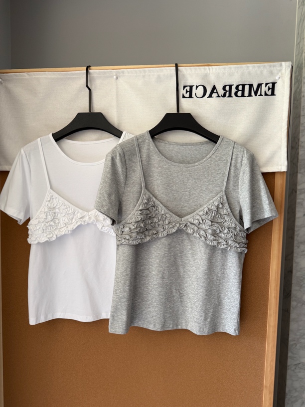 embrace甜系简约假两件拼接短袖