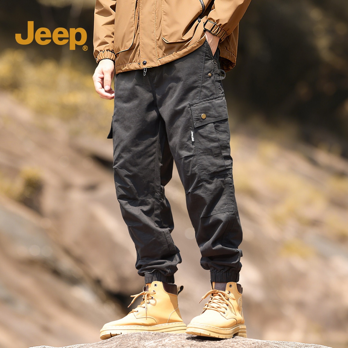 JEEP/吉普工装裤男宽松束脚时尚有型高级感纯色运动男休闲裤长裤