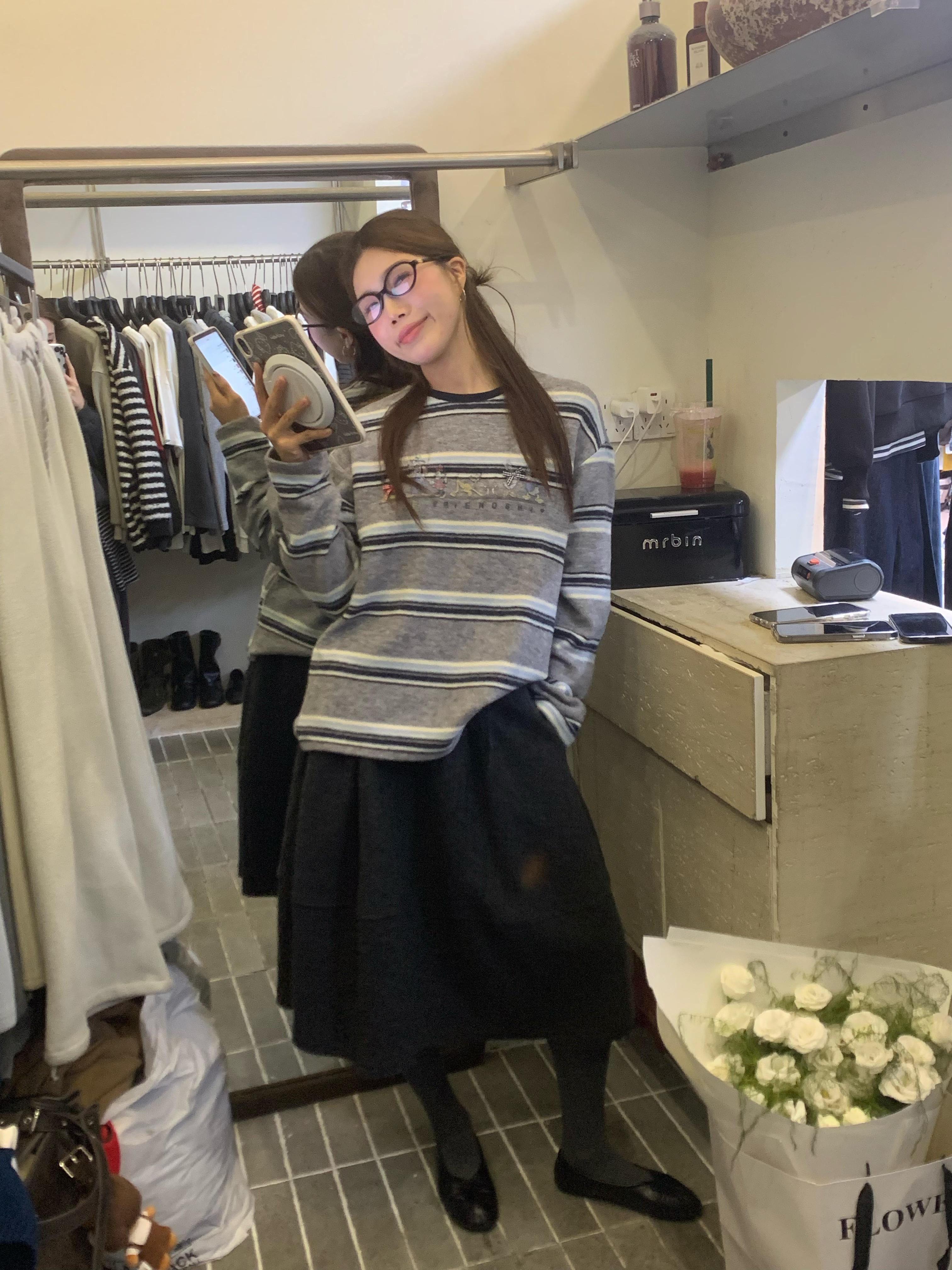 温柔瑶-Uncle Be冬季新款-澳绒百搭卡通印花撞色条纹上衣-88769