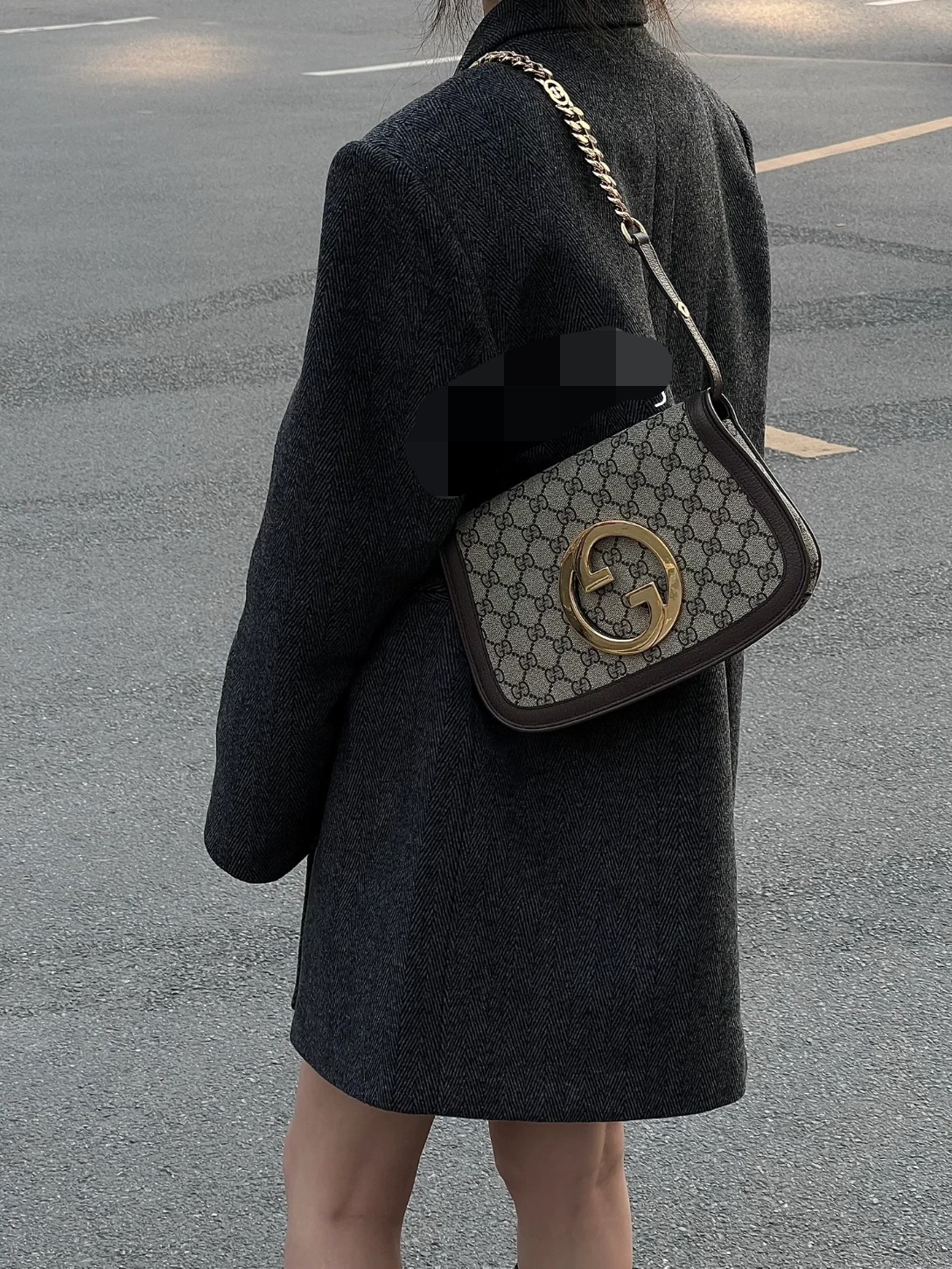 95新 GUCCI/古驰 Blondie棕色老花联锁G单肩包腋下包黑标037开