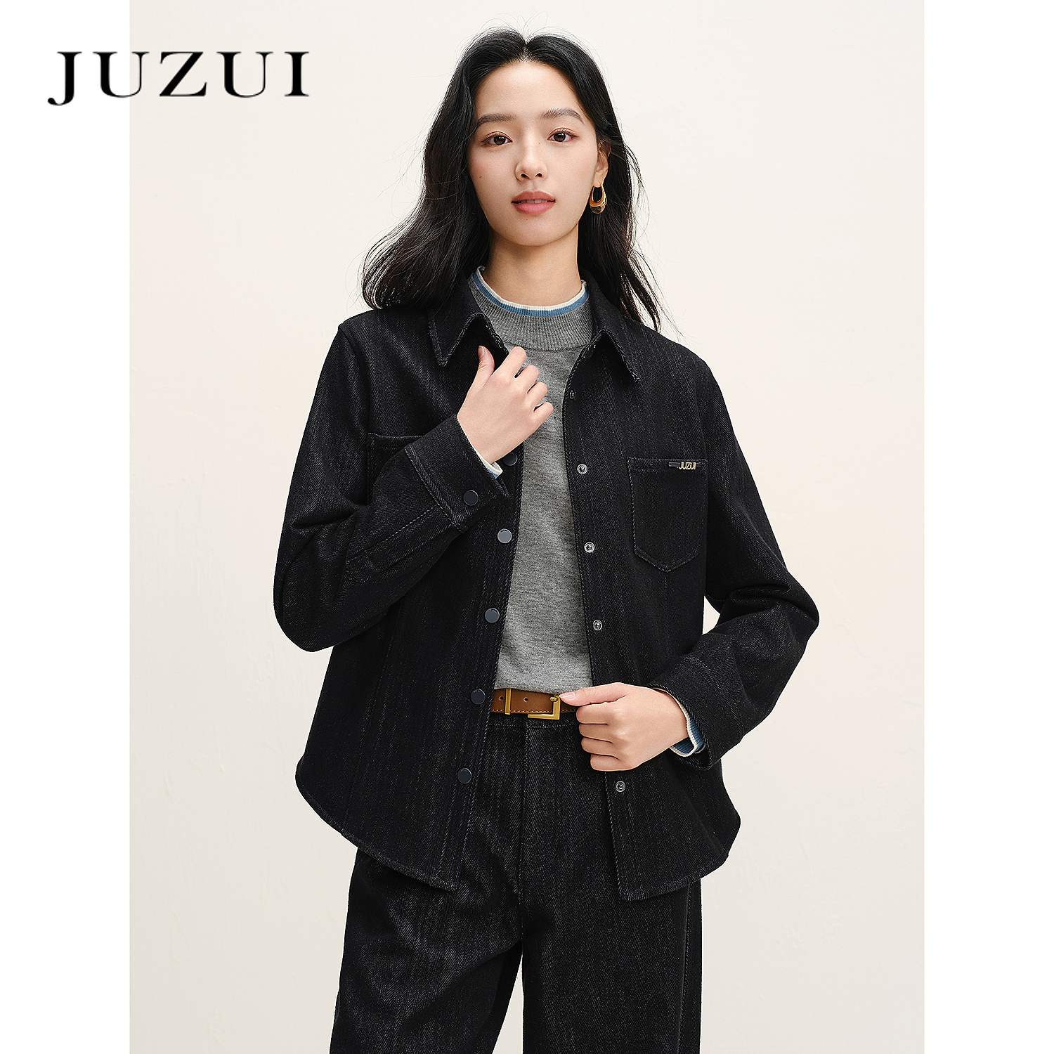JUZUI玖姿松弛感英伦风型格H型牛仔衬衫女2025冬季新款JWFD60109