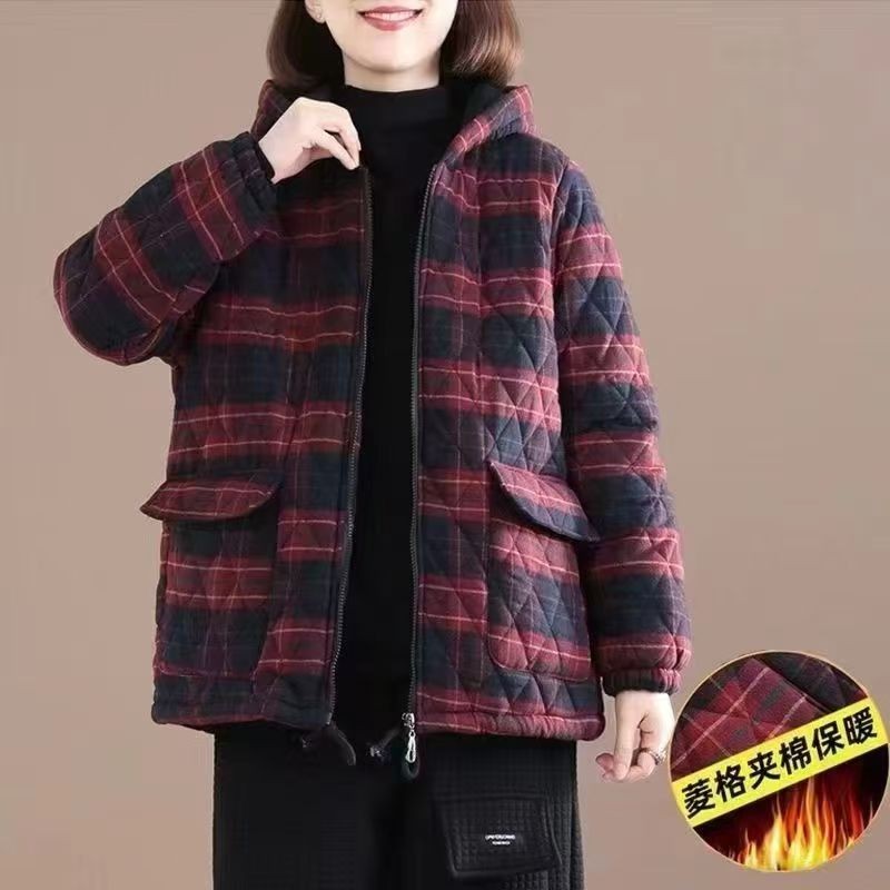 棉服拼接棉衣格子网红加棉连帽保暖时尚秋冬菱格女款棉衣