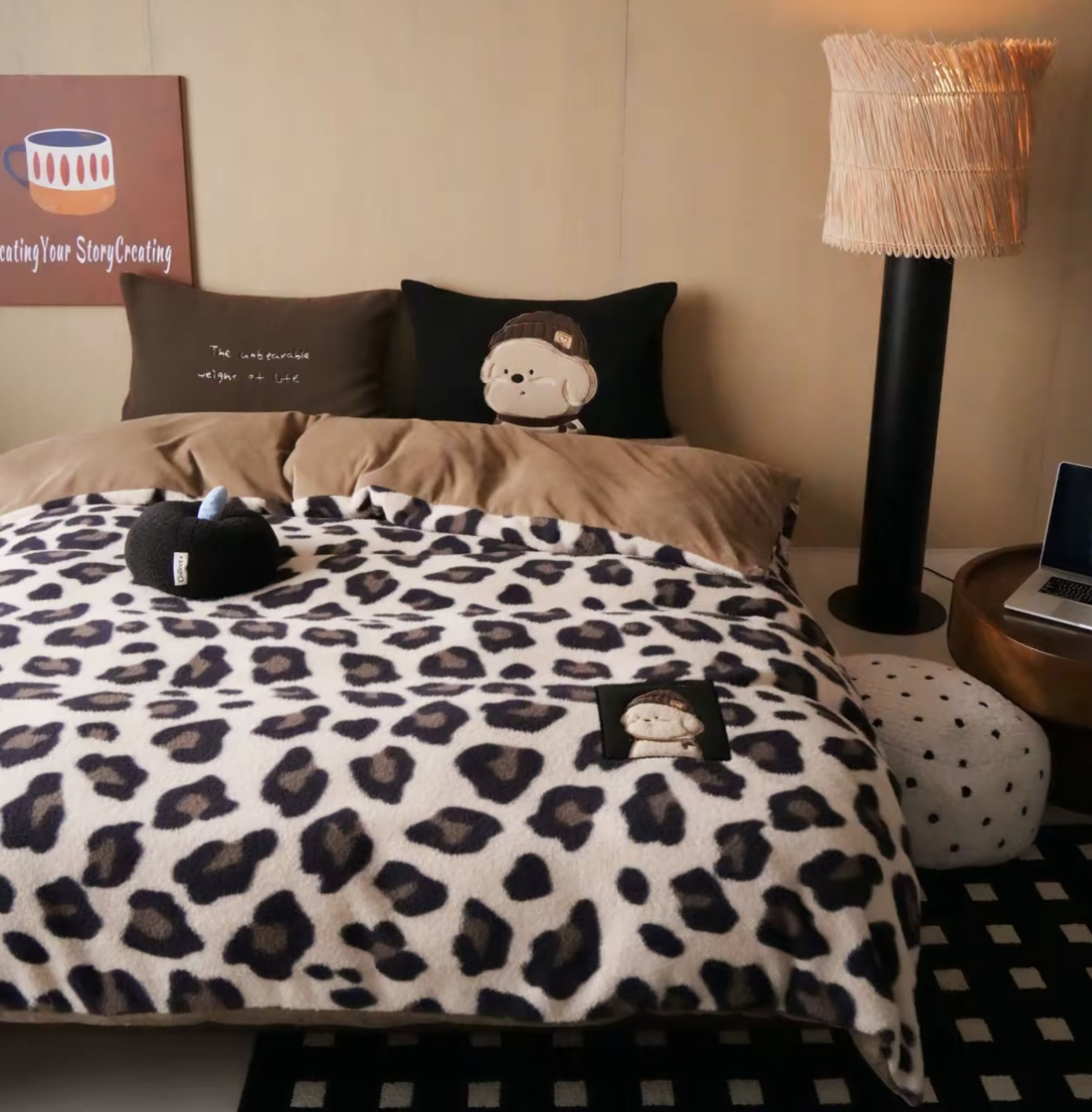 【豹纹小狗】秋冬加厚仿羊毛绒数码印花刺绣保暖裸睡四件套