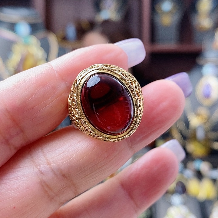 琥珀戒指银S925镶嵌戒指