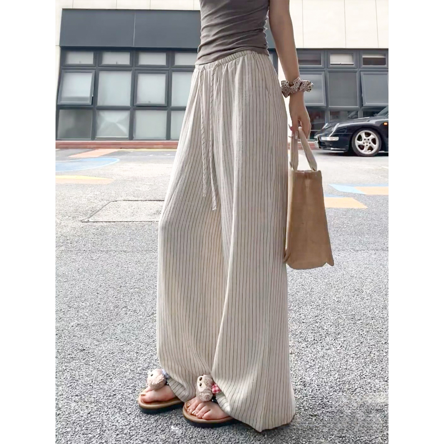 胖MM大码棉麻条纹阔腿裤女夏季高腰宽松显瘦垂感直筒裤亚麻休闲裤