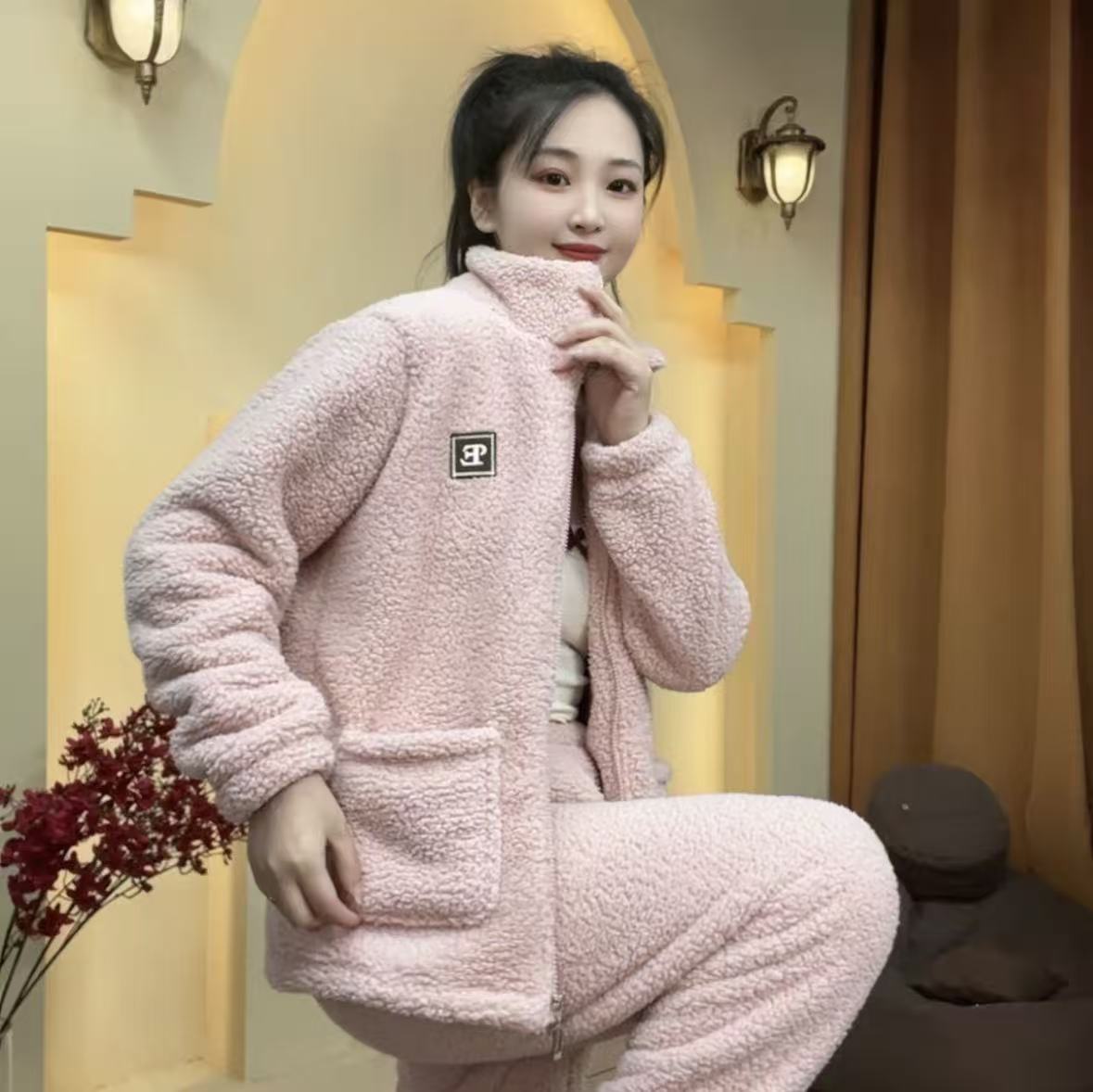 套装家居服套装冬季纯色休闲保暖睡衣女士055