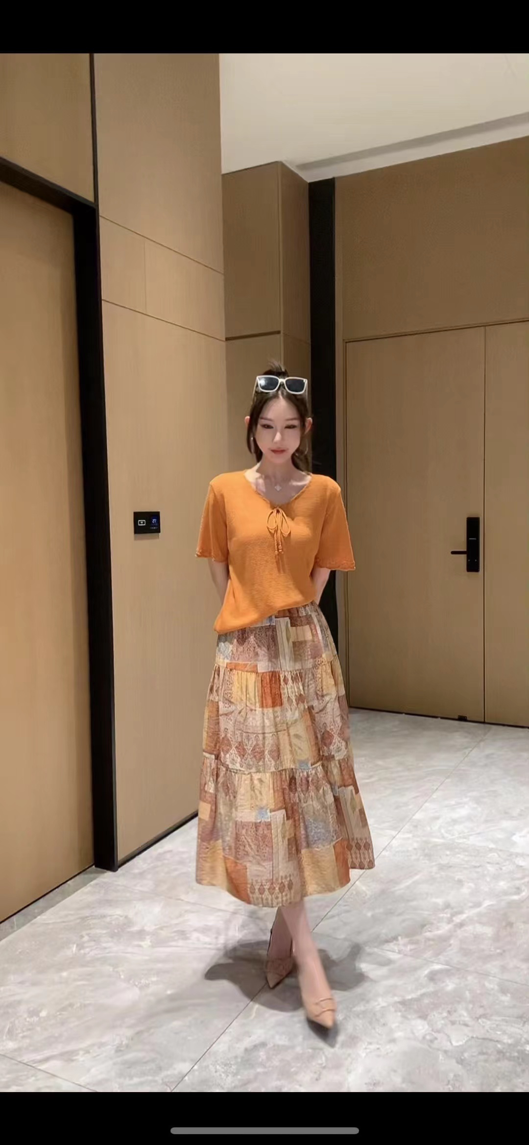 夏季新款波西米亚风复古蕾丝拼接渐变色雪纺上衣半身裙穿搭套装