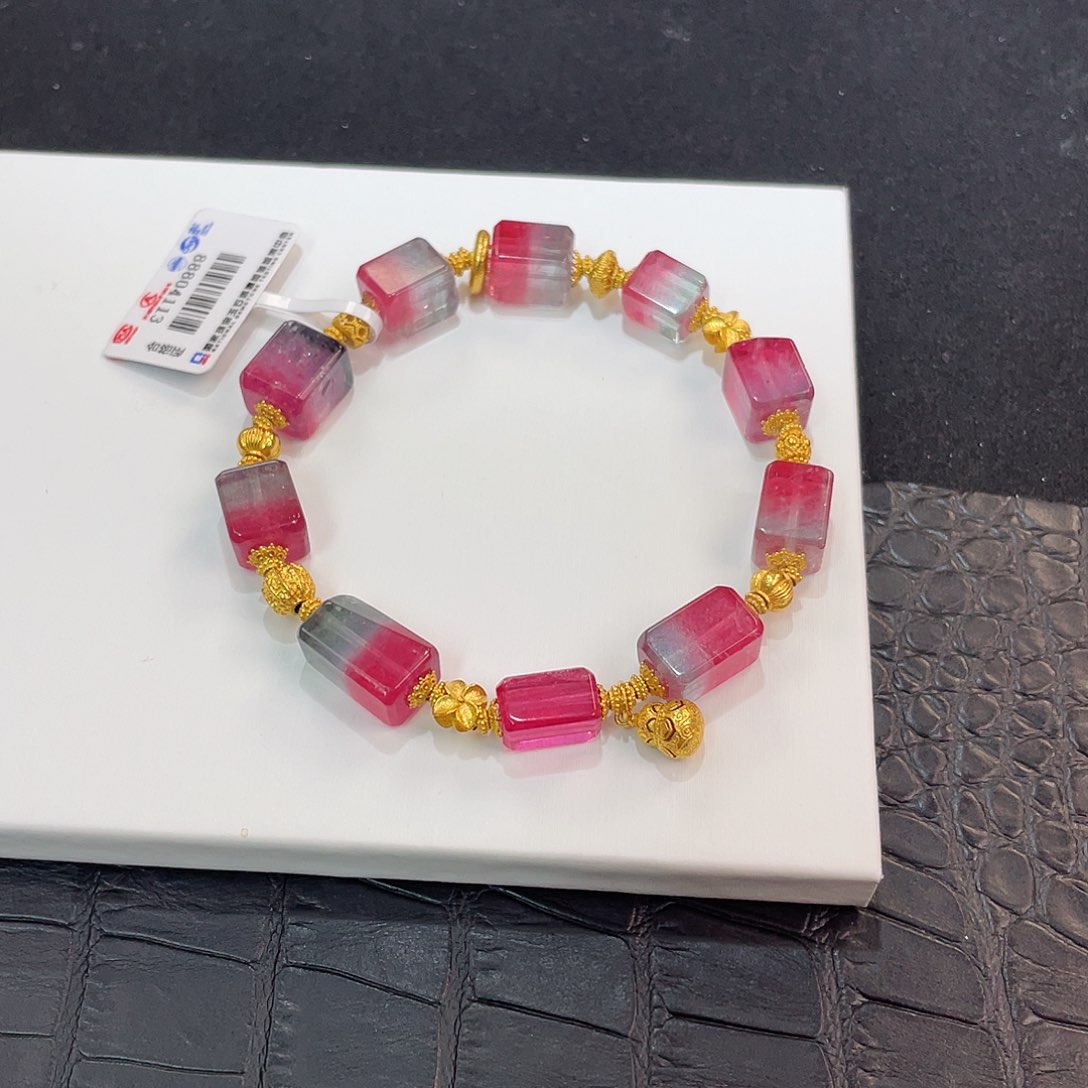 西瓜碧玺手链18K金镶嵌 方糖