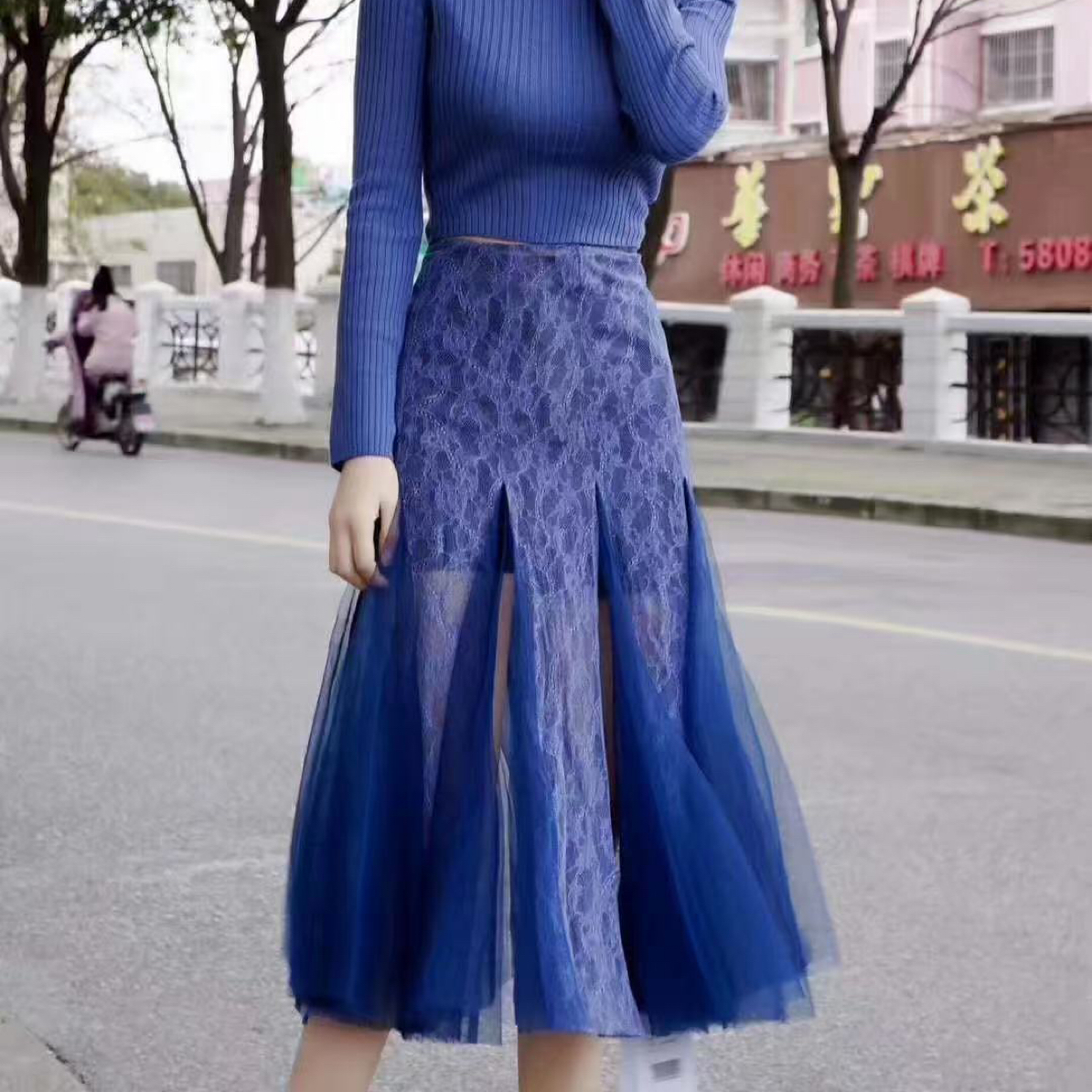 limil/丽米儿蓝色蕾丝纱裙LC252486