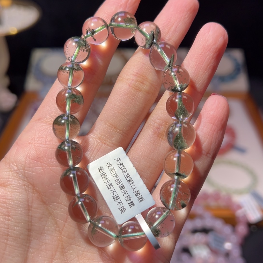 烟晶手串未镶嵌川*10m巴西老矿全净体绿幽灵