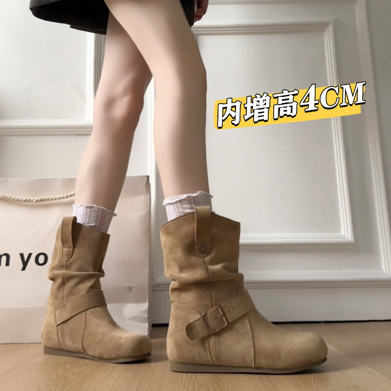 三福真皮内增高中筒短靴女2025冬新款美拉德西部显瘦堆堆靴马丁靴
