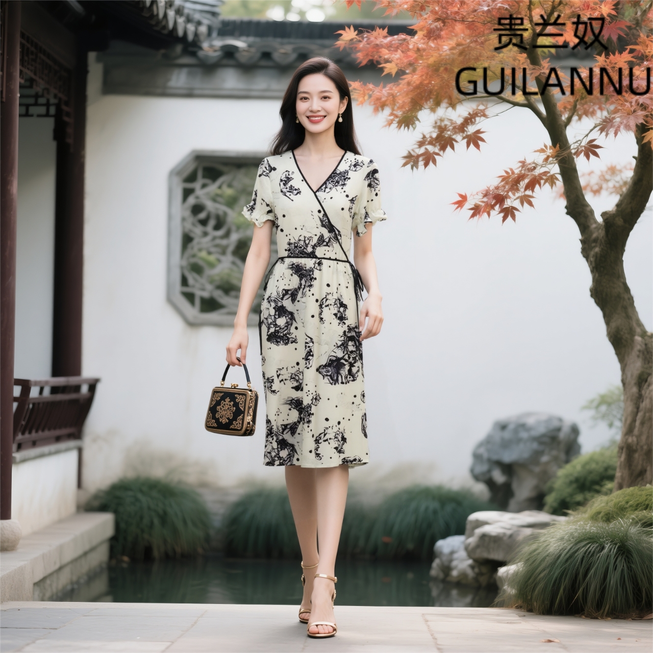 W841时尚夏季连衣裙气质印花显瘦优雅