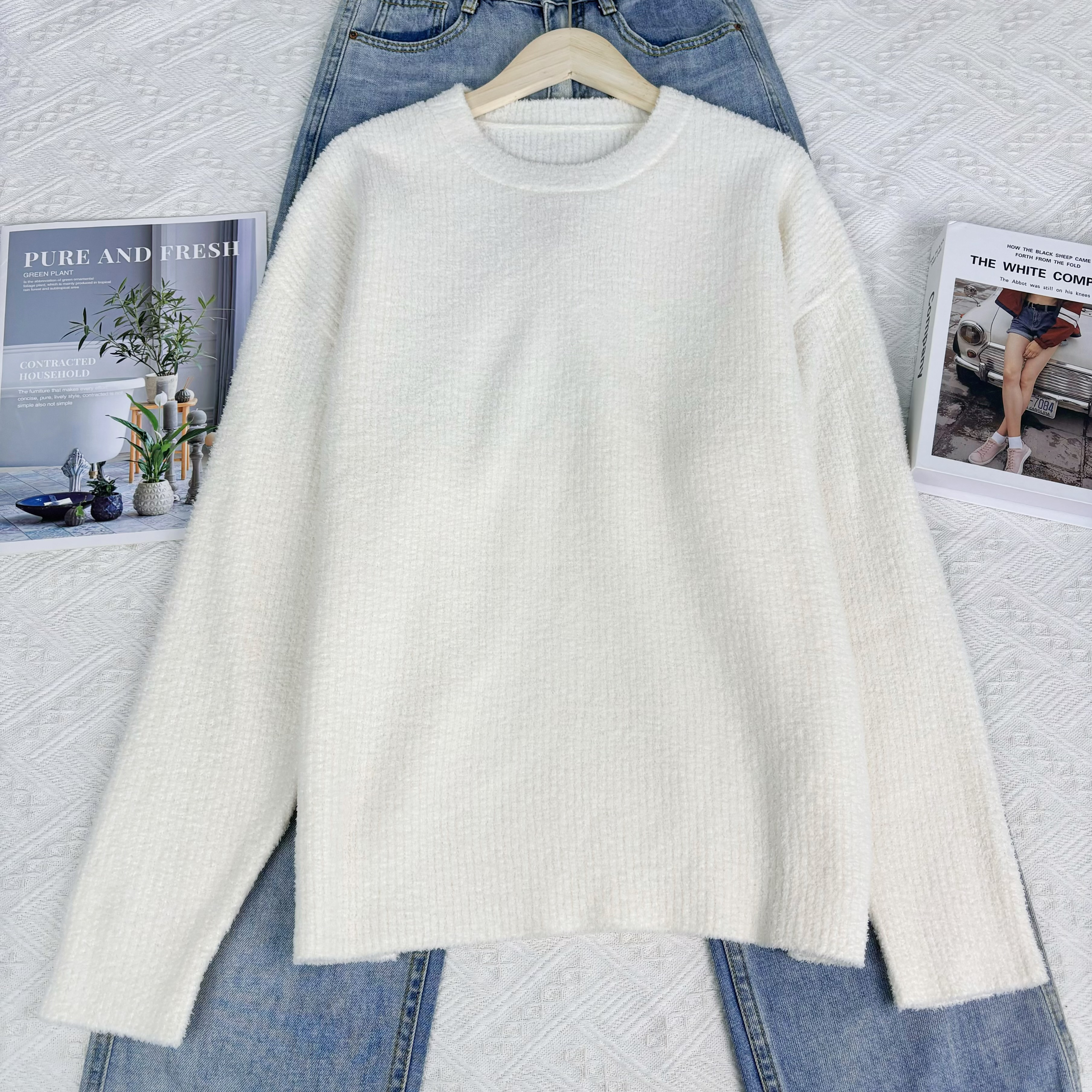 玲姐定制-纯色秋冬保暖上衣慵懒风毛绒长袖上衣506317