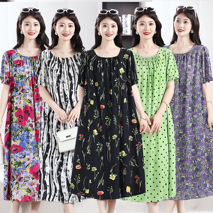 夏季棉绸连衣裙套头休闲碎花宽松大码过膝度假风印花中棉绸睡裙