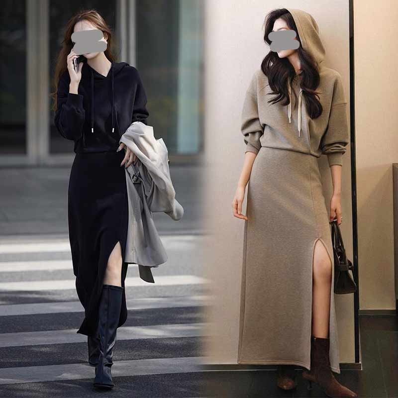 【温暖色调】氛围感感穿搭香槟连衣裙双面绒感针织衫半裙卫衣套装女