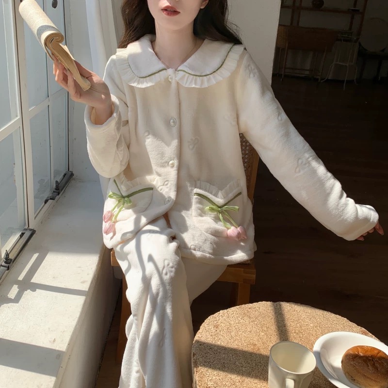 珊瑚绒睡衣女秋冬季加厚保暖甜美公主风法兰绒家居服