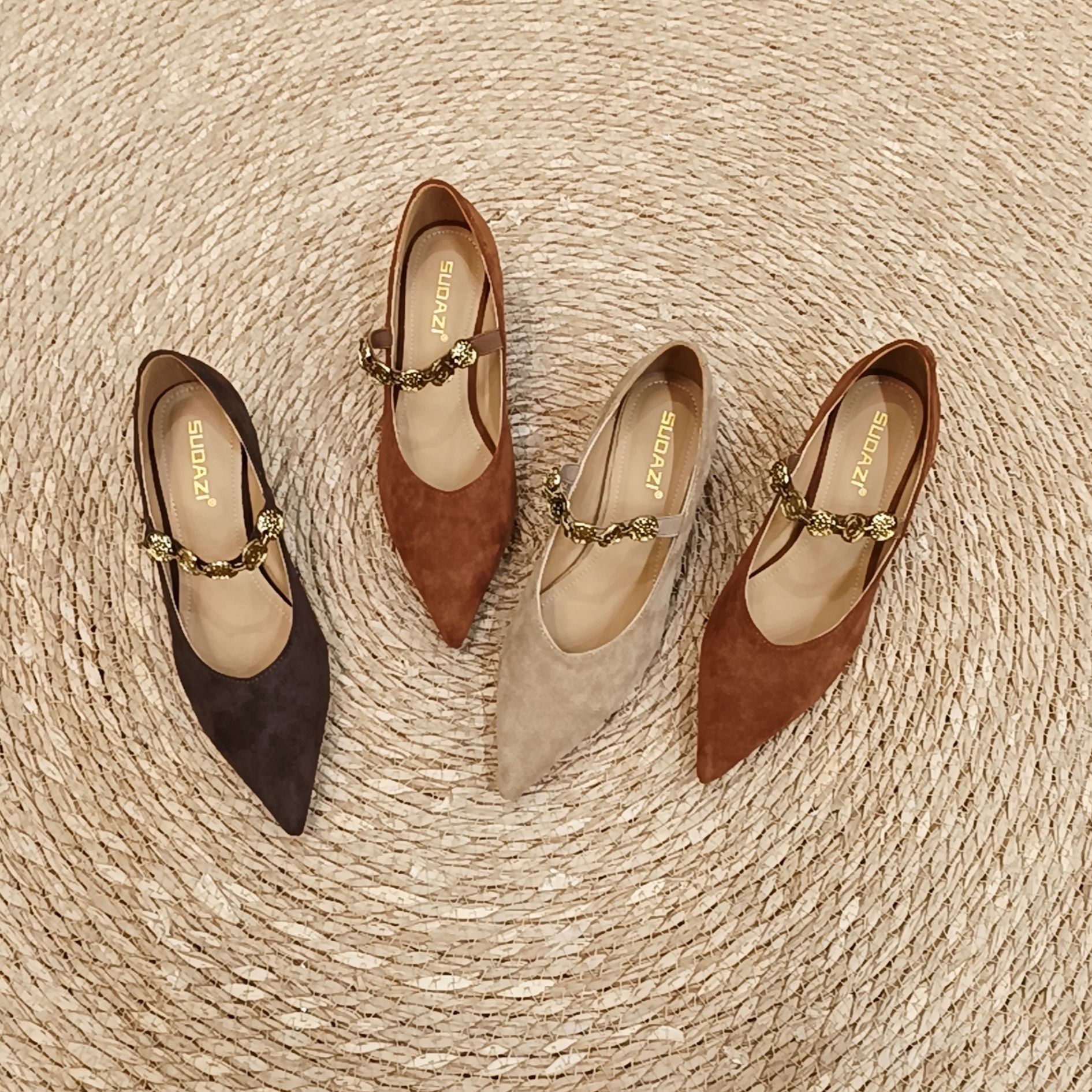 金币链条玛丽珍加绒女鞋2025年秋冬新款复古尖头浅口法式粗跟单鞋