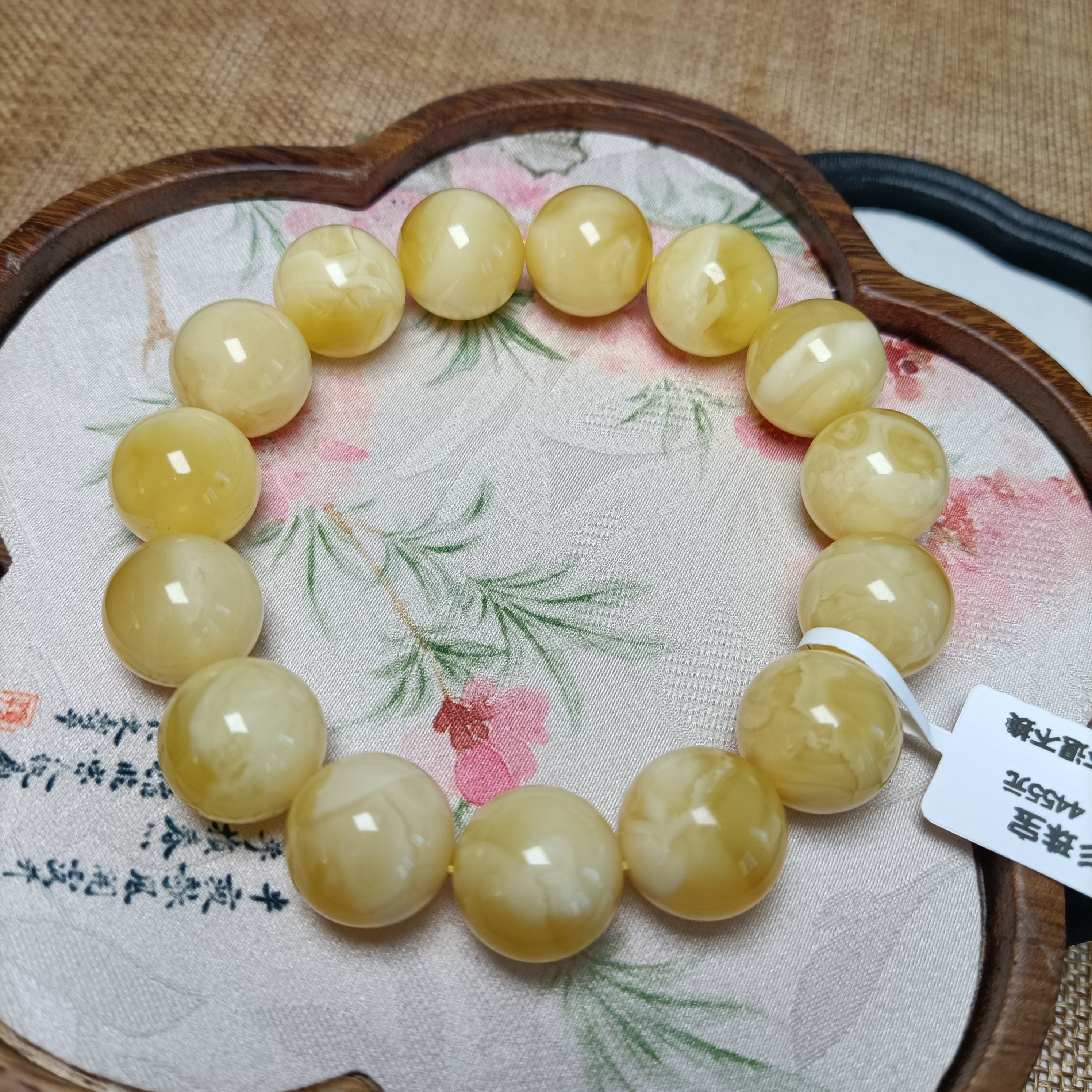 15+天然浓蜡金溶洞蜜蜡圆珠手串~俄料原矿~5649