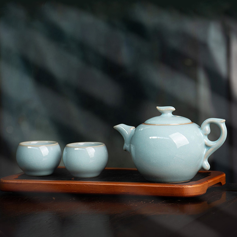 弘宝汝窑天青釉家用茶具茶杯套装功夫茶具高档汝窑一壶两杯开片