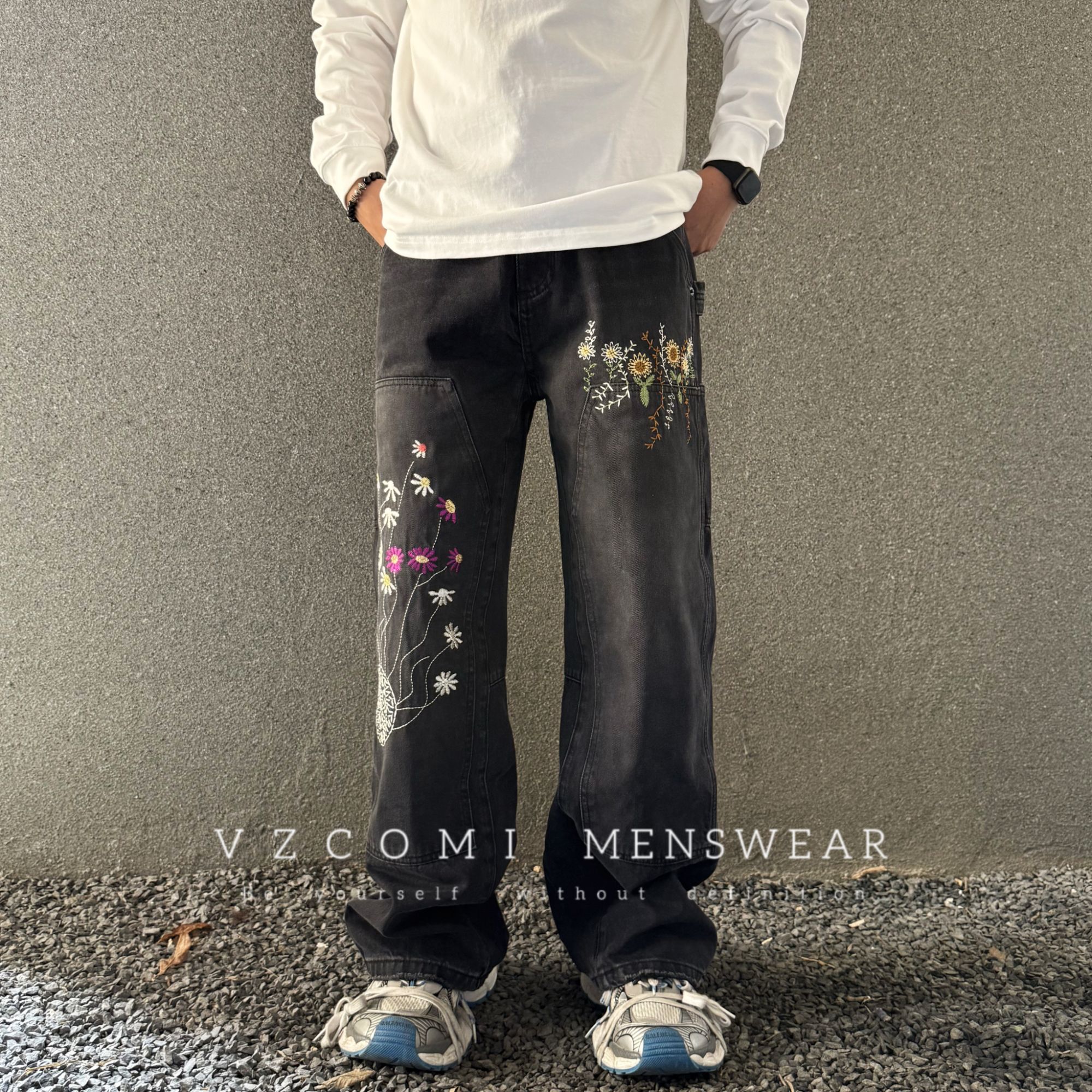 【阔腿裤】巴黎风美式高端刺绣伐木裤工装刺绣宽松阔腿高腰牛仔裤