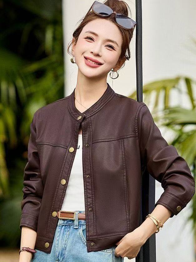 【芊芊佳专属】2025新款春秋短款气质高级感立领女士外套机车皮衣