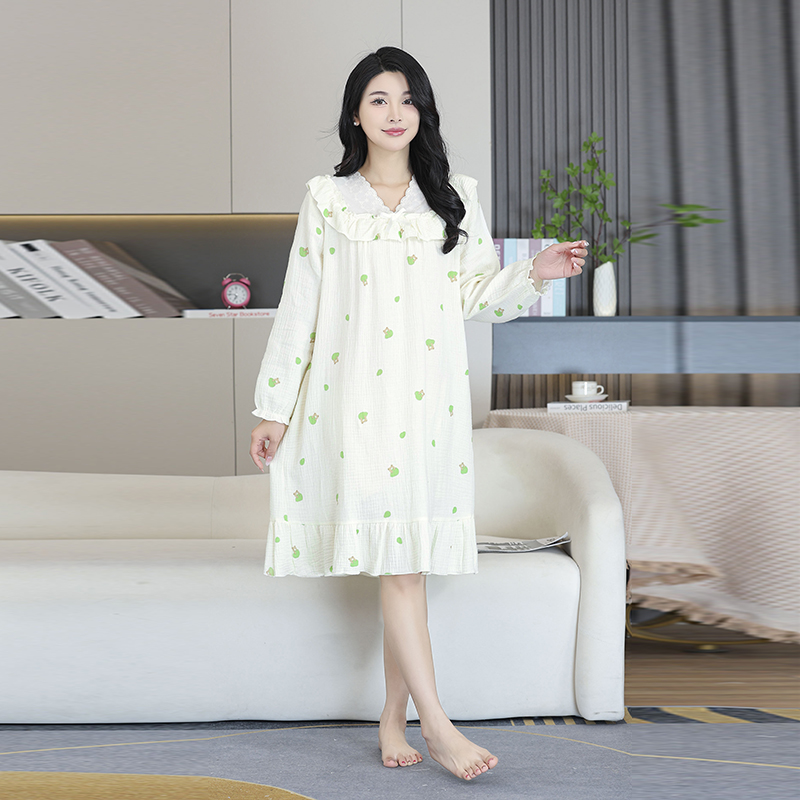 春夏新款女款泡泡纱花边纯棉睡裙小碎花优雅吸湿排汗透气舒适睡衣