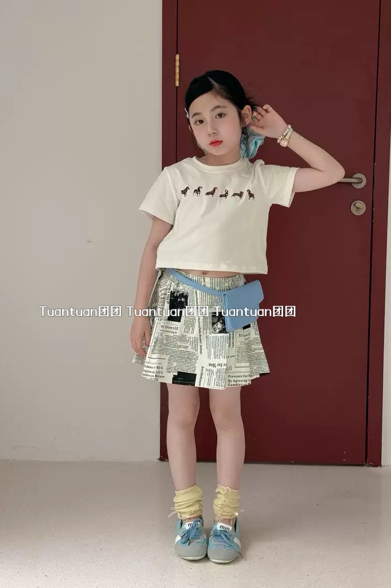 TUANTUAN 2025 女童美式设计感画报A字半身裙复古百褶半身裙