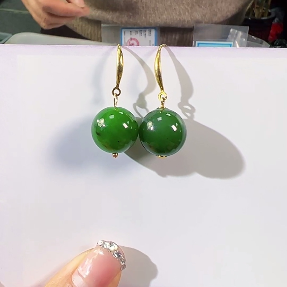 和田玉（碧玉）银S925镶嵌耳饰卡14