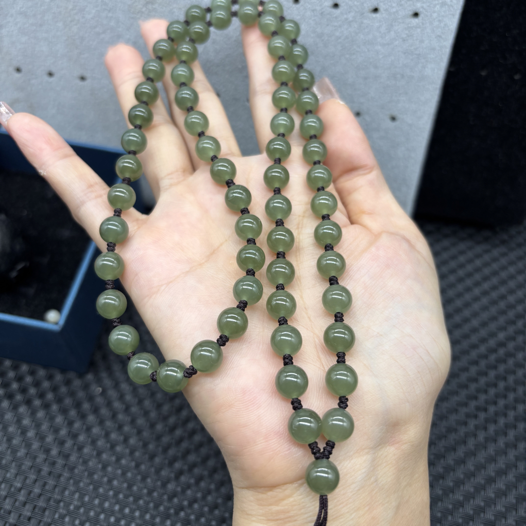 高端天然和田玉湖水绿圆珠8mm玉石挂件绳项链毛衣链长链时尚百搭