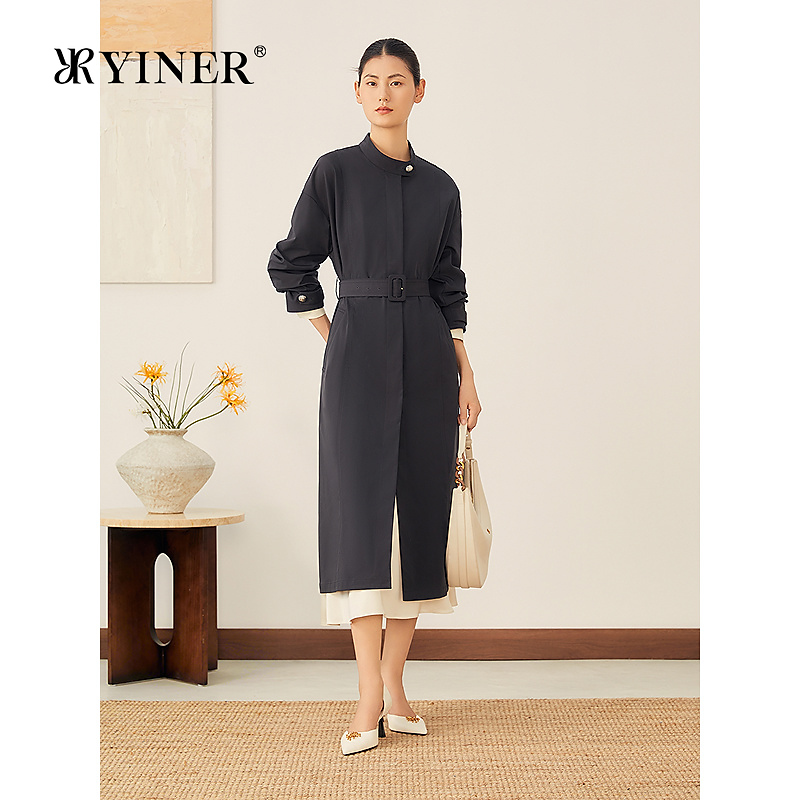 YINER音儿2025秋季新款法式巴恩风工装感小立领长款系带风衣外套