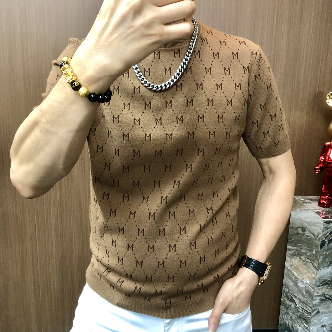 （秋冬轻奢）男士高端休闲时尚针织字母提花休闲圆领半袖T恤（17813）