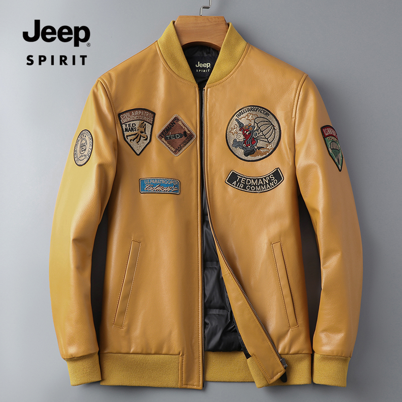 JEEP SPIRIT冬季男士牛皮羽绒服飞行夹克时尚潮流保暖棒球领皮衣