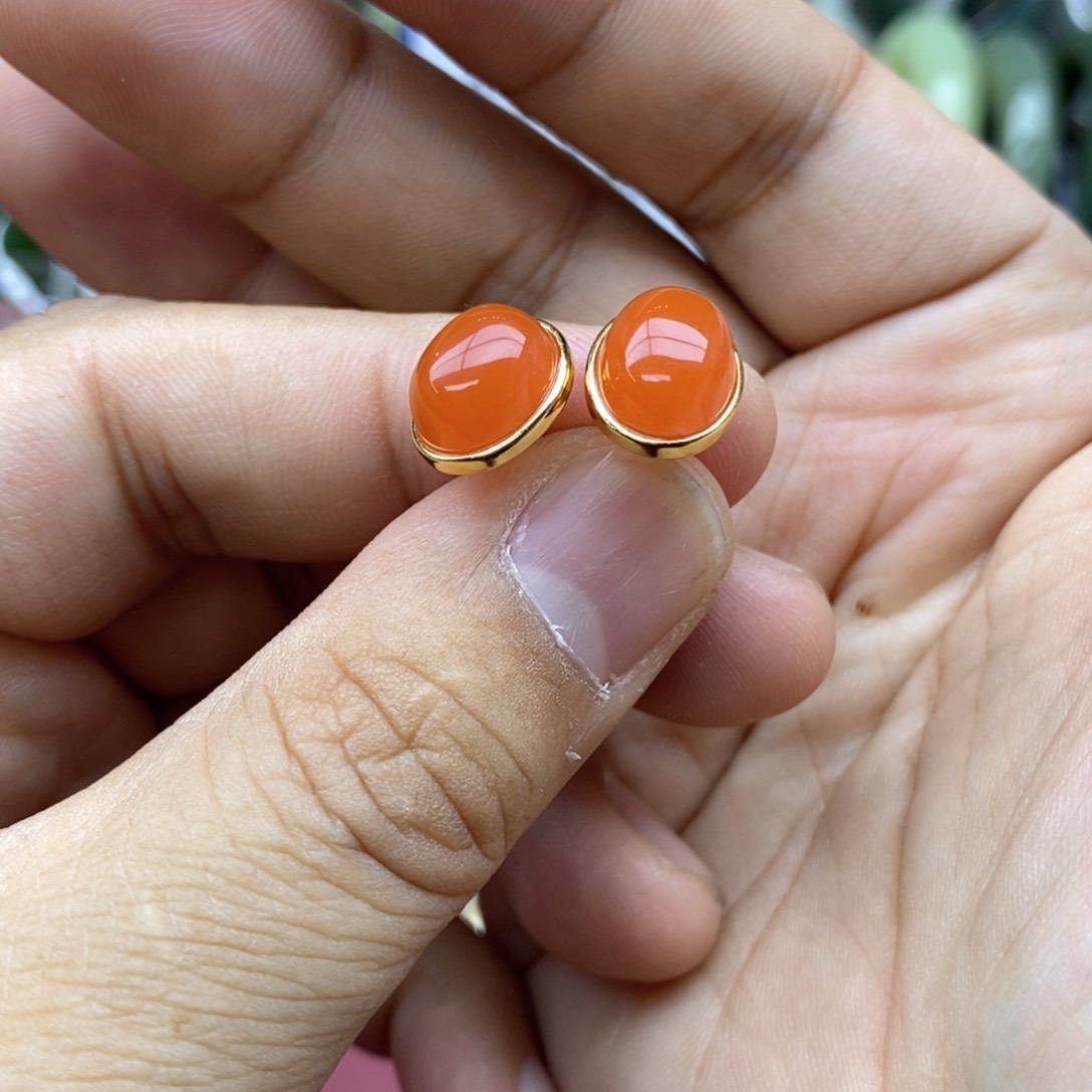 和田玉耳钉银S925镶嵌夏**荷