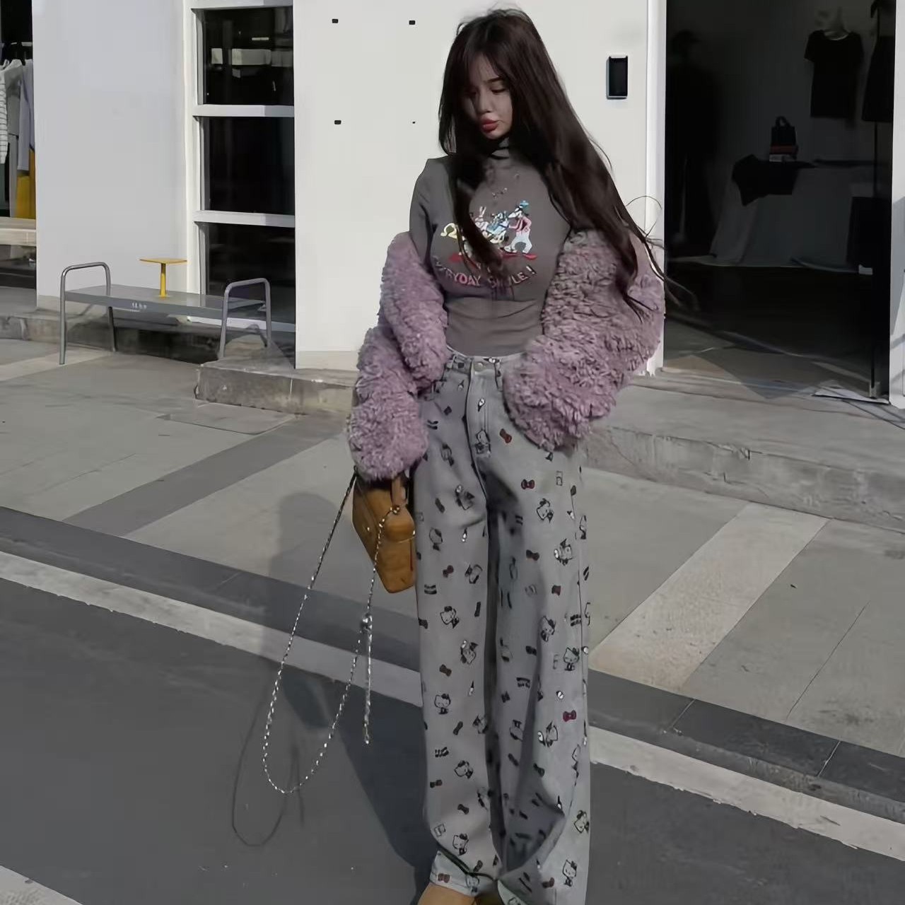 雾霾紫毛绒外套/加绒印花打底（颜色参考详情实拍）