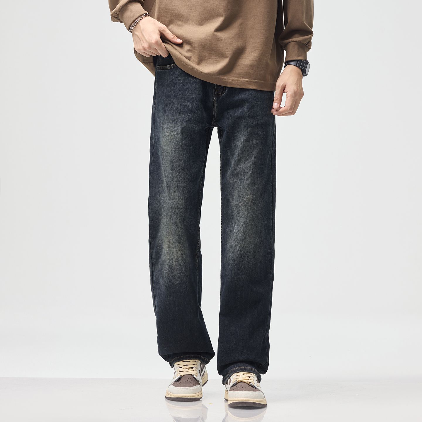 【宽松直筒版】秋冬新品深蓝灰（长裤/九分/加绒）水洗复古做旧牛仔裤