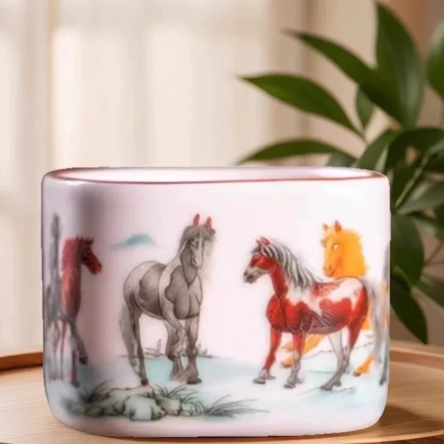 粉色汝窑珐琅彩八骏图四方主人杯（两个装）620