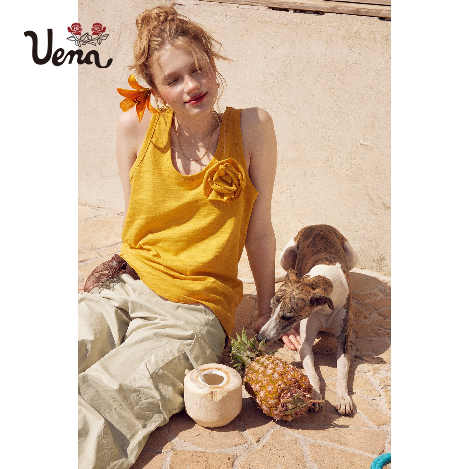 【斑鸠服饰精选】Uena复古胸前可拆卸立体玫瑰花长款宽松圆领背心