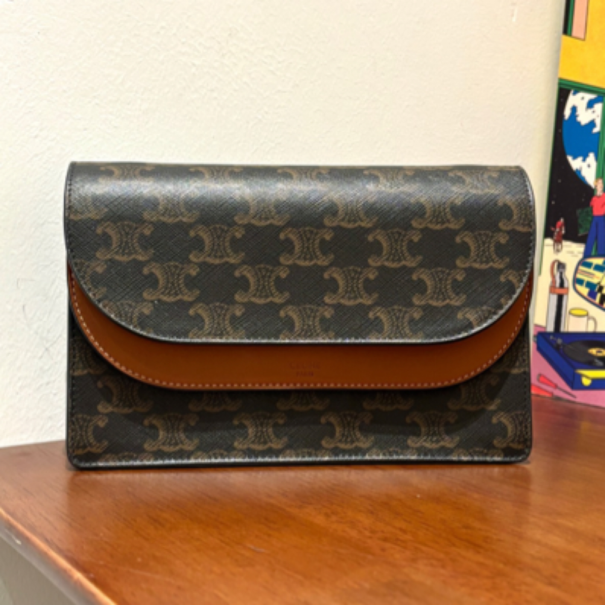 99新 Celine/思琳 老花拼焦糖色凯旋门Woc 单肩斜挎包