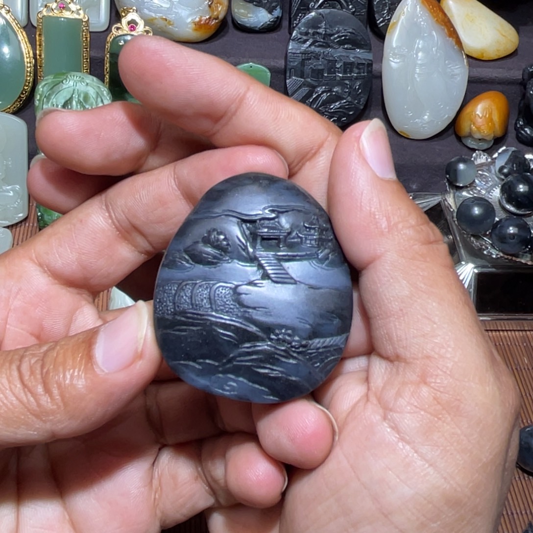 和田玉未镶嵌颈饰新疆和田玉青花山水牌男女同款