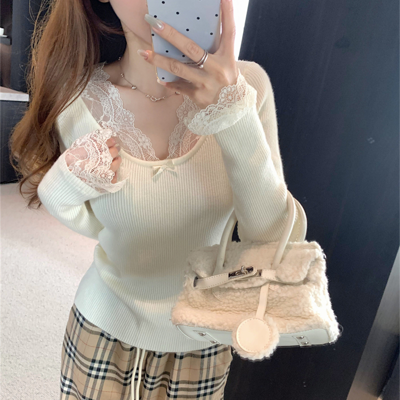 甜辣白色蕾丝V领毛衣女2025秋冬高级小香风内搭针织打底长袖A1039