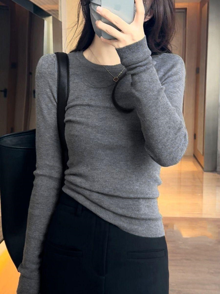 秋冬简约气质灰色修身女士打底衫圆领百搭温柔高级感复古静奢上衣