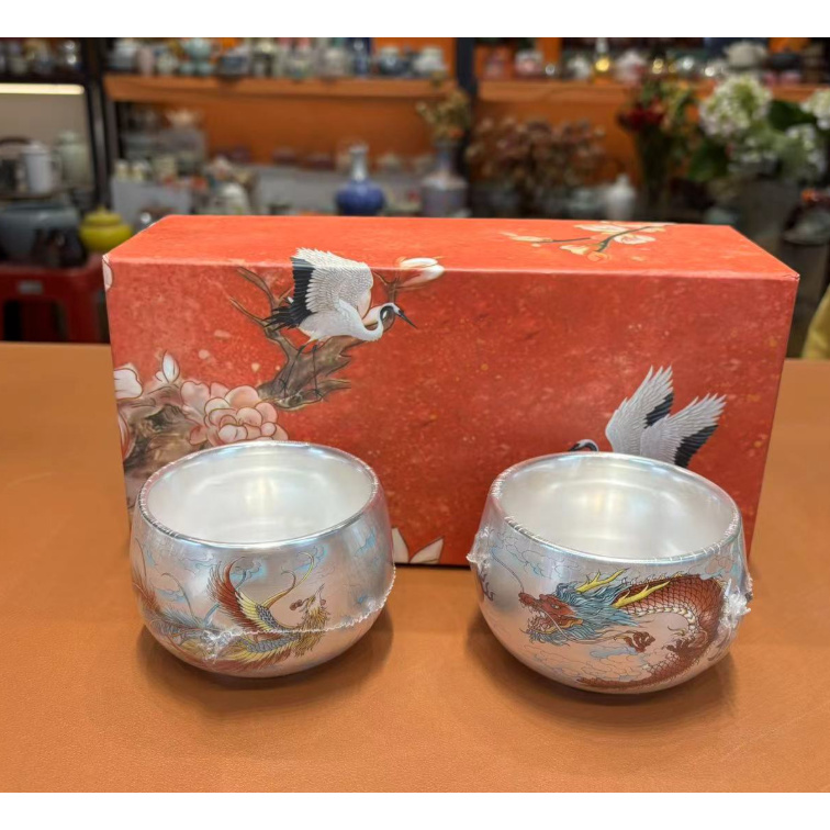 博艺茶具银杯《红龙+红凤》-罗汉杯+礼盒-2657