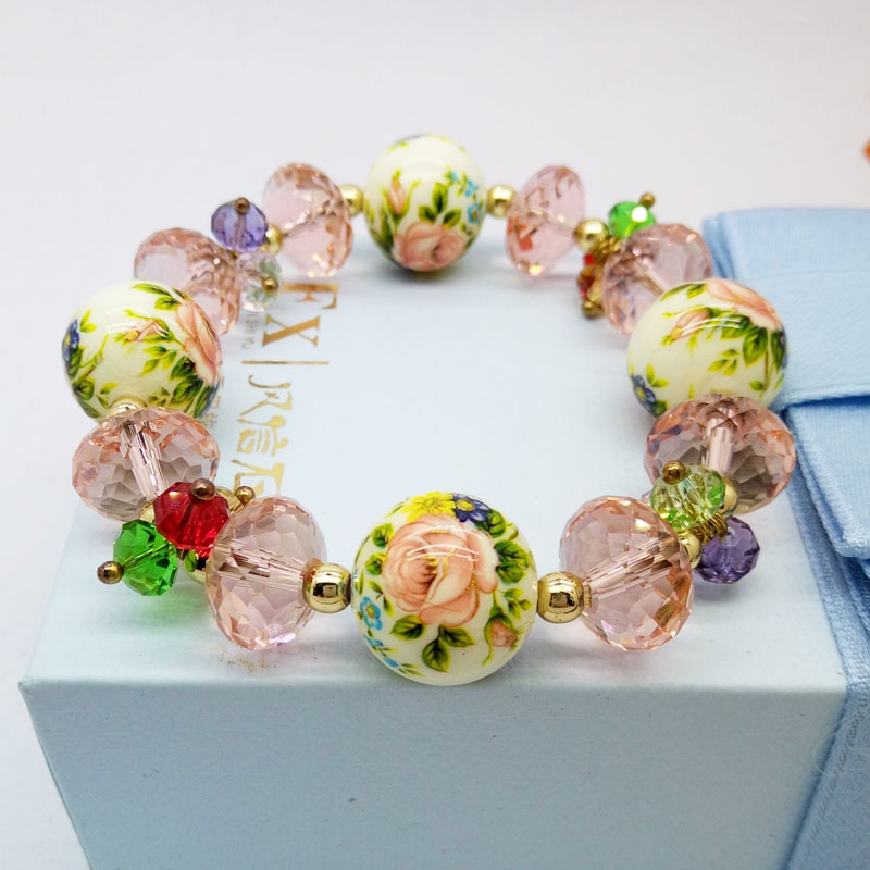 非金属仿水晶手链 施华手链重工大车轮珠手链气质宫廷粉色手饰