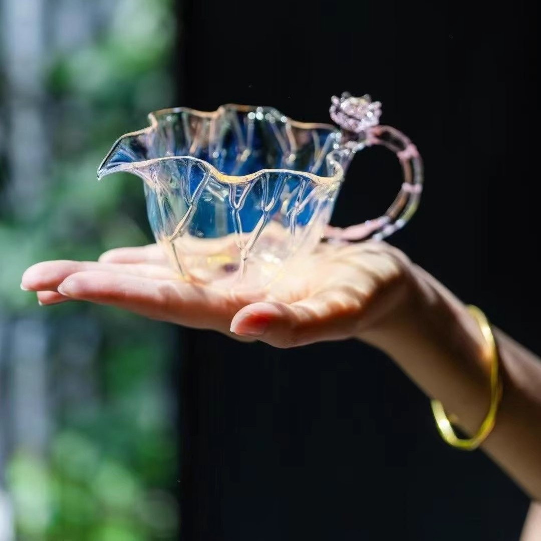 纯手工古法冰烧熏银荷叶玻璃茶海分茶器耐高温仙女用玻璃公杯